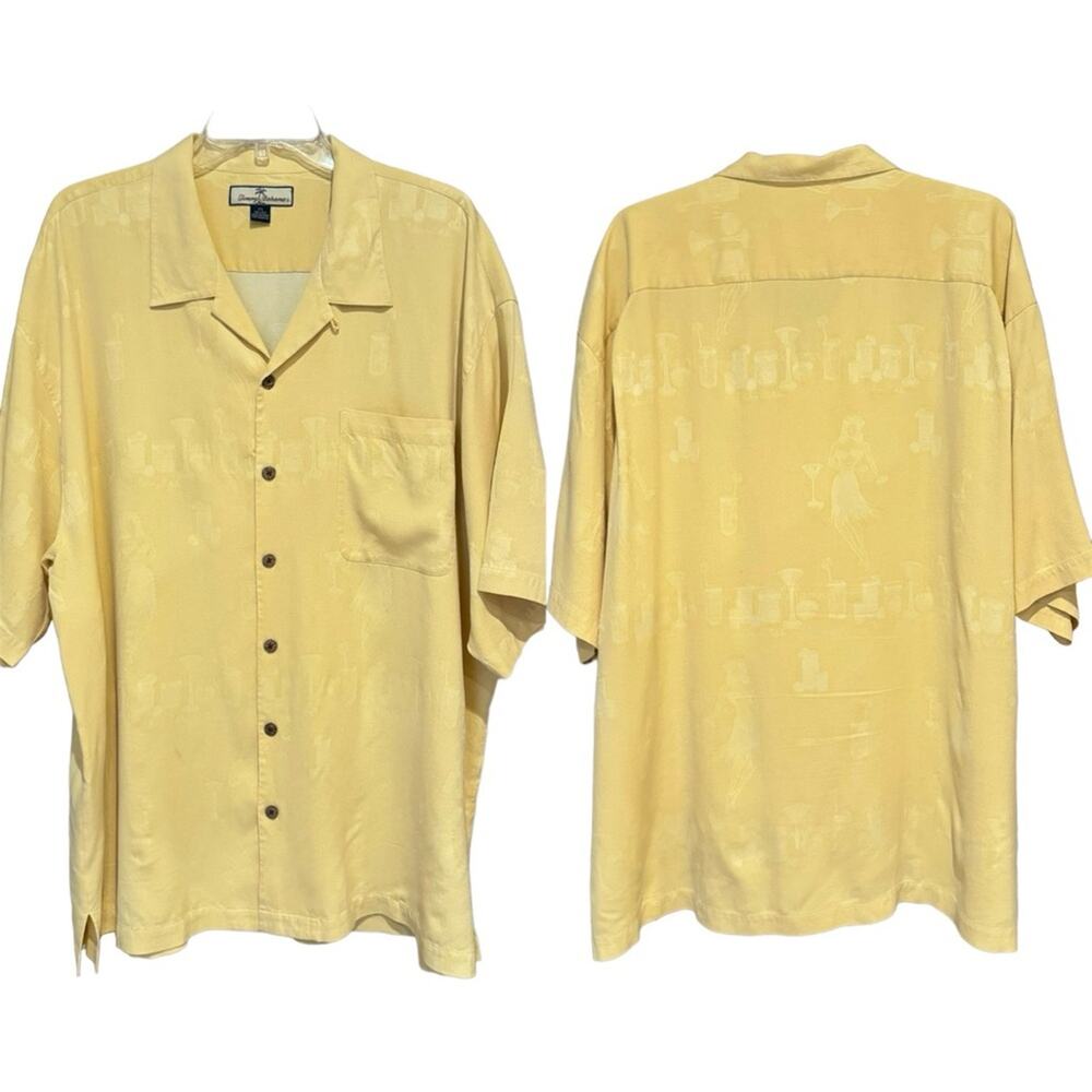 Tommy Bahama 100% Silk Yellow Jacquard Hawaiian Print Camp‎ Shirt Size XXL